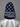 Navy blue and white paisley HoodieHat with black drawstring and loose fit bandana style. American made hat, adjustable hat, and unisex hood.